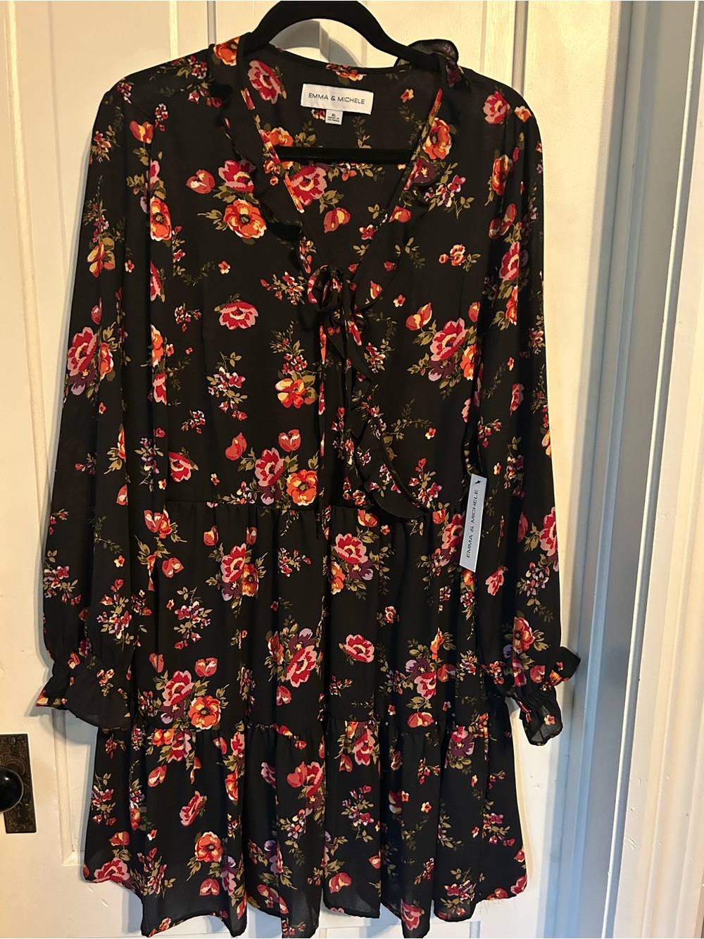 Emma & Michele Black Floral Tie-Front Tiered Long-Sleeve Dress
